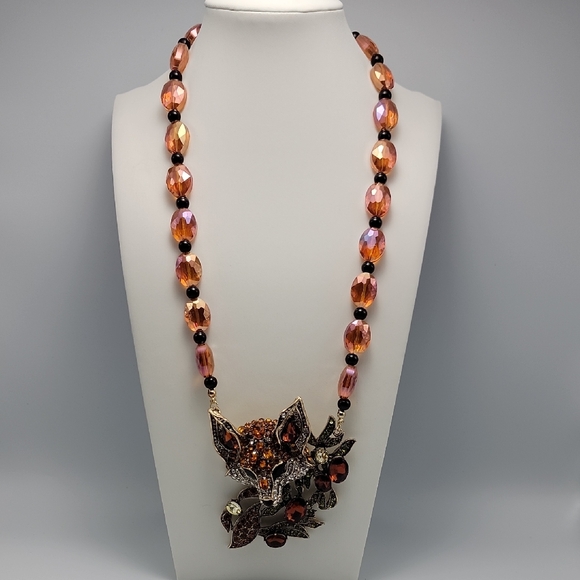 Rhinestone Beaded Signed Fox Pendant Faceted AB Glass Crystal Statement Necklace - Picture 1 of 13